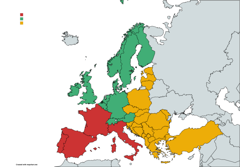 Europa Landkarte mit farblich markierten Ländern, wo interrail vorteilhaft ist